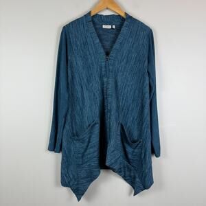 Logo Lori Goldstein Cardigan Women XS Blue Faux Suede Sleeve Asymmetric Relaxed